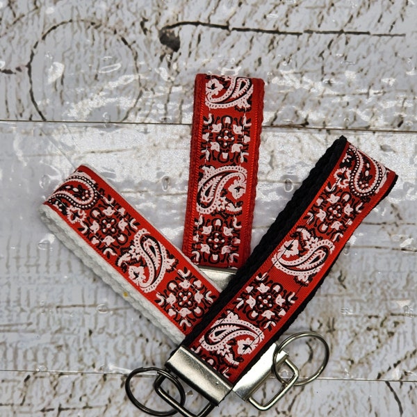 XXL Customizable sizes Cotton Bandana Inspired Red Paisley Print Key Fob Wristlet//Cotton KeyChain//Ribbon key fob wristlet//Stubby keychain