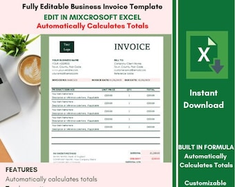 May include: A green and white template for a business invoice. The template is fully editable and automatically calculates totals. The template is available for instant download. The template is customizable and comes in 7 color options. The template is available in letter size (8.5 x 11 inches) and A4 size.
