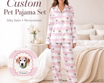 Custom Pet Face Satin Pajamas, Personalized Long or Short Set, Pet Photo Pajamas with Names, Dog & Cat Face Pajama Set for Pet Lovers