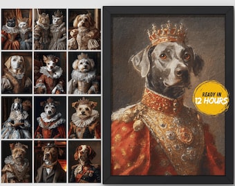 Ritratto reale di animale domestico, dipinto ad olio personalizzato su tela, regalo personalizzato per animali domestici, arte di animali domestici re e regina, dipinto rinascimentale di animali domestici