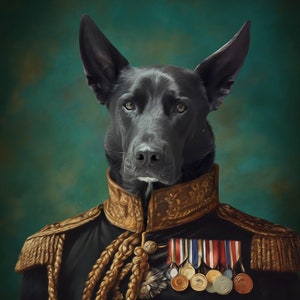 Regal pet portrait of a black dog dressed as a decorated military officer, featuring a gold-trimmed uniform with medals and honors against a green background. Perfect for personalized and unique pet artwork.