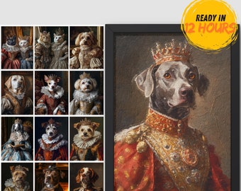 Royal Pet Portrait, Custom Oil Painting on Canvas, Personalized Pet Gift, King Queen Pet Art, Renaissance Pet Painting