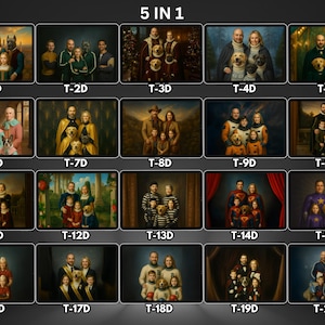 May include: A grid of 20 digital portraits, each depicting a family with pets in various historical and pop culture styles. The portraits feature families with dogs, with the text "5 IN 1" at the top.