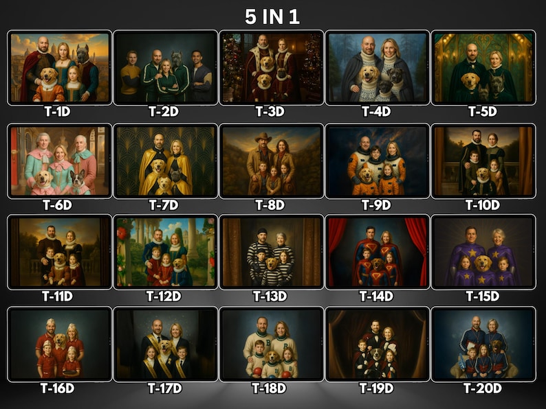 May include: A grid of 20 digital portraits, each depicting a family with pets in various historical and pop culture styles. The portraits feature families with dogs, with the text "5 IN 1" at the top.