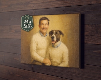 Owner And Pet Portrait, Funny Custom Pet Portrait, Dual Pet Painting, Vintage Pet Poster, Pet Portrait Gift, 24h Turnaround