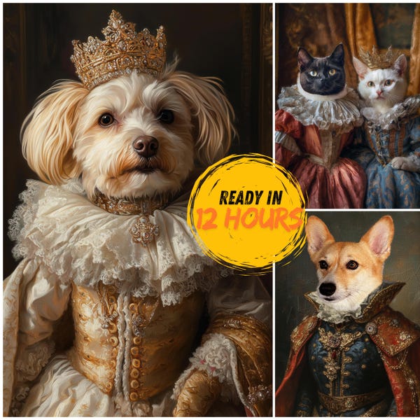Retrato personalizado de animal de estimação da rainha, tela com cão ou gato real.