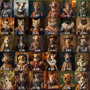 May include: A collection of portraits featuring dogs and cats dressed in regal attire. Each animal is depicted in a unique outfit, with various backgrounds and poses, creating a whimsical and artistic display. The images are labeled with numbers.
