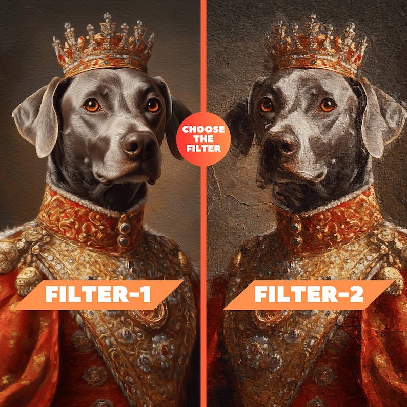 May include: Two digital portraits of a dog wearing a crown and royal attire. The dog has brown eyes and a gray coat. The text "CHOOSE THE FILTER" is in a circle between the two images. Below each image is the text "FILTER-1" and "FILTER-2" in an orange banner.