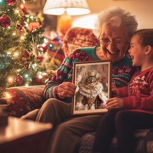 Grandmother and granddaughter sharing a joyful moment by the Christmas tree, holding a framed royal pet portrait of a cat in a crown and regal attire. A heartwarming holiday gift idea for pet lovers.