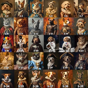 May include: A collection of 40 portraits of animals, including dogs and cats, dressed in various historical and fictional costumes. Each portrait is labeled with an "S-" followed by a number, creating a unique and whimsical gallery.