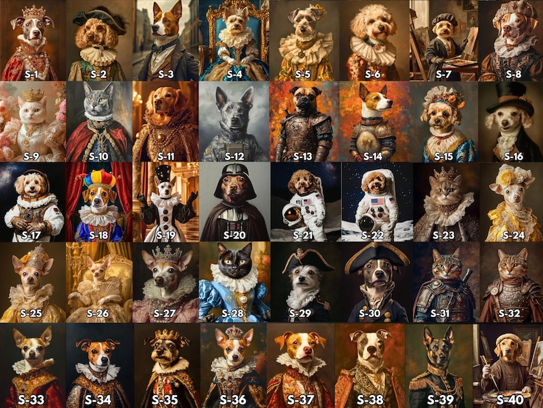 May include: A collection of 40 portraits of animals, including dogs and cats, dressed in various historical and fictional costumes. Each portrait is labeled with an "S-" followed by a number, creating a unique and whimsical gallery.