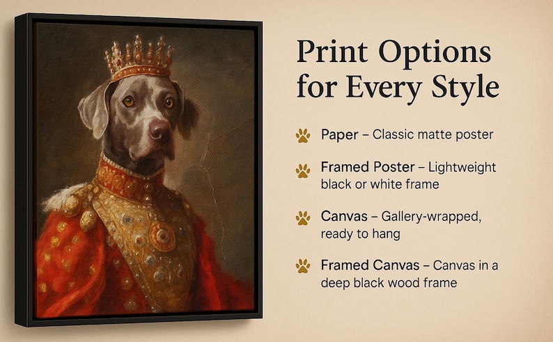 May include: A framed canvas print featuring a regal dog portrait. The dog, wearing a crown and ornate red and gold attire, is set against a dark background. Text on the right lists print options: paper, framed poster, canvas, and framed canvas.