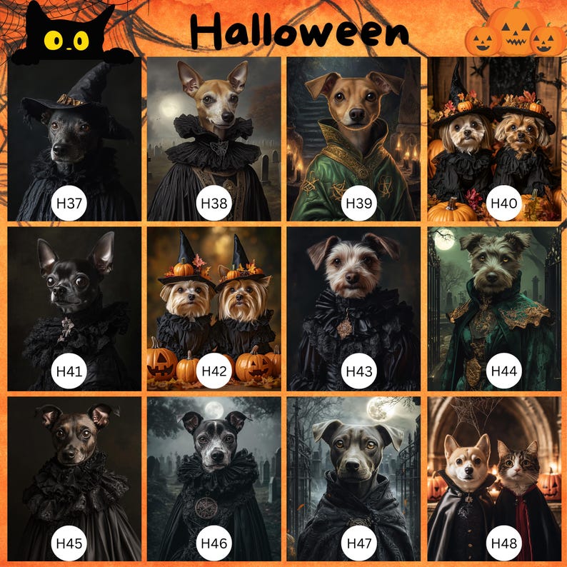 Anpassat Halloween-husdjursporträtt, häxtema-husdjurskonst, digitalt porträtt, canvas- eller inramad poster, Halloweendekor, present till husdjursälskare bild 5