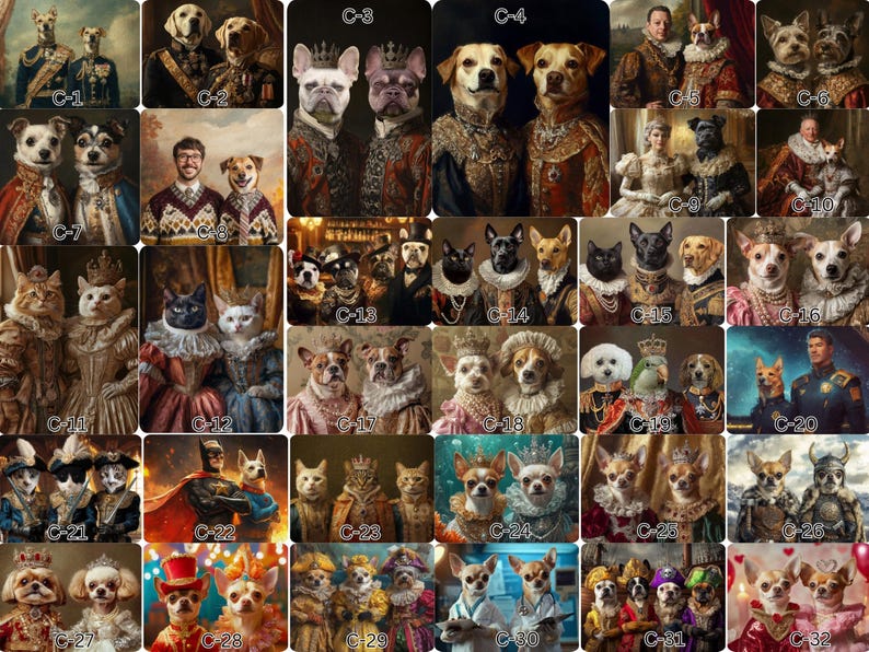 May include: A collection of digital art portraits featuring various animals, including dogs and cats, dressed in regal attire. The portraits are styled in the manner of classic oil paintings, with rich colors and detailed textures. Each piece showcases the animals in elaborate costumes.