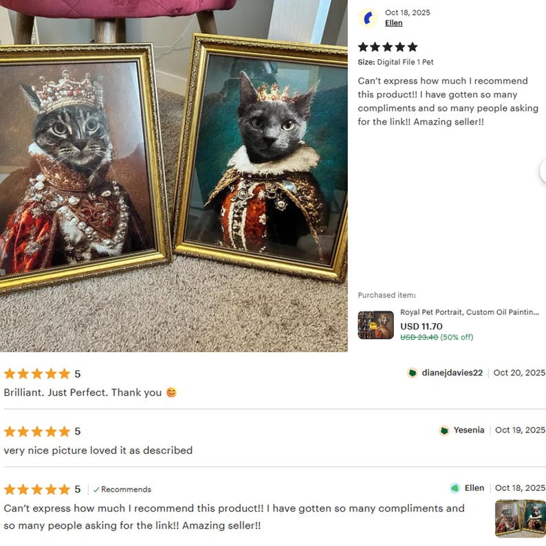 May include: Two framed cat portraits. One cat wears a crown and red and gold royal attire. The other cat wears a crown and a red and gold cape. The portraits are displayed on a neutral-colored surface.