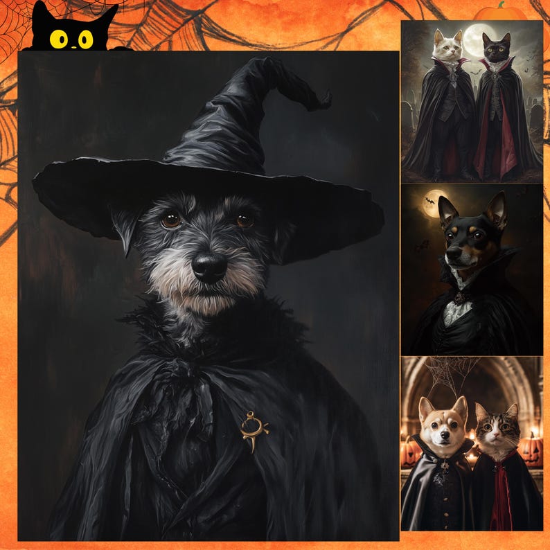 Anpassat Halloween-husdjursporträtt, häxtema-husdjurskonst, digitalt porträtt, canvas- eller inramad poster, Halloweendekor, present till husdjursälskare bild 1