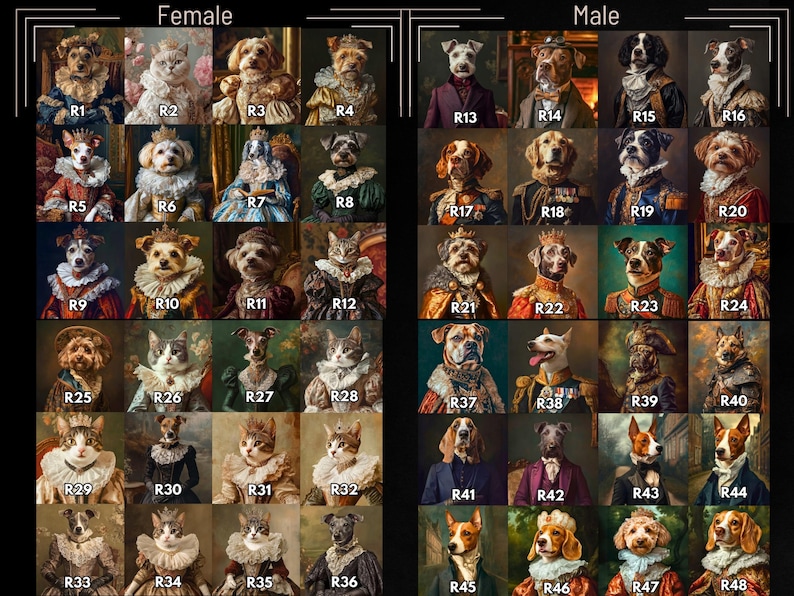 May include: A collection of portraits featuring dogs and cats dressed in regal attire, reminiscent of historical paintings. The images are divided into "Female" and "Male" sections, each showcasing various breeds in elaborate costumes.