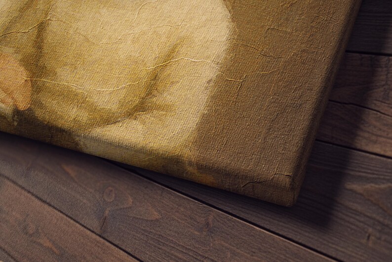 May include: Close-up of a canvas print with a vintage aesthetic. The canvas has a textured surface with visible cracks, and the color palette is dominated by warm, earthy tones. The canvas is placed on a dark wooden surface.