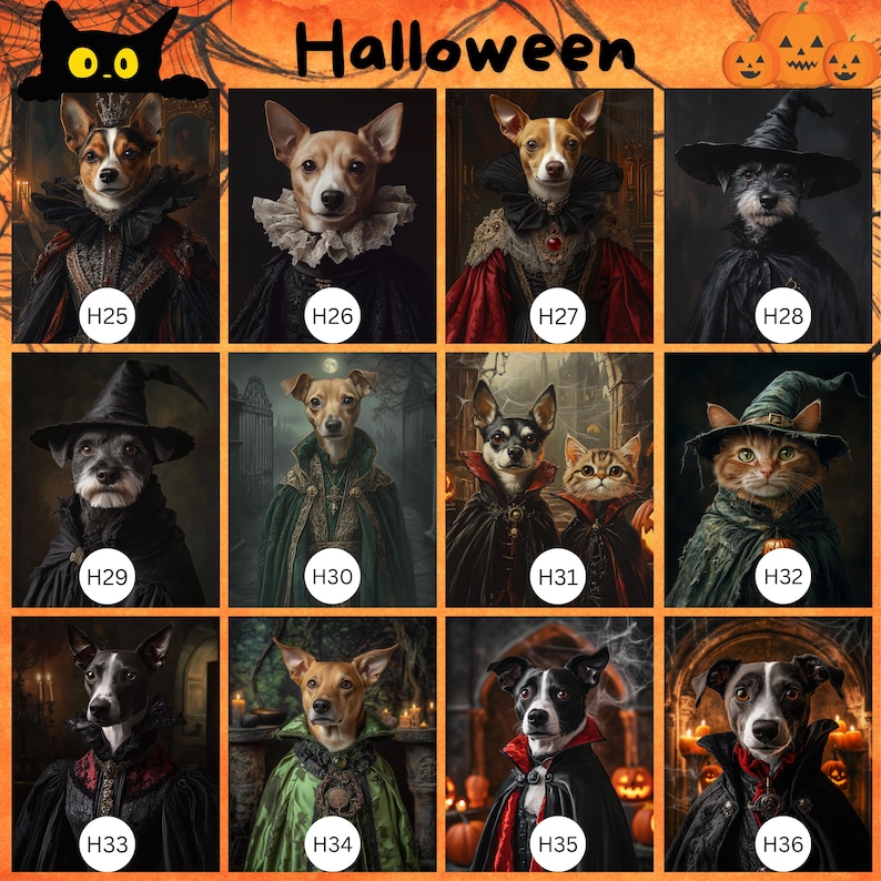 Anpassat Halloween-husdjursporträtt, häxtema-husdjurskonst, digitalt porträtt, canvas- eller inramad poster, Halloweendekor, present till husdjursälskare bild 4