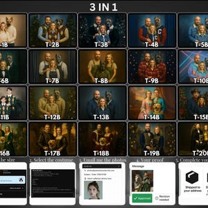 May include: A collage of digital portraits featuring people with dog faces, in various styles. The images are arranged in a grid, with options to select size, costume, and complete the order. The text "3 IN 1" is at the top.