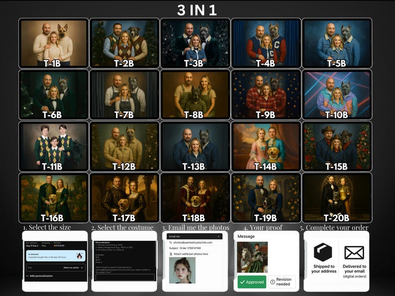 May include: A collage of digital portraits featuring people with dog faces, in various styles. The images are arranged in a grid, with options to select size, costume, and complete the order. The text "3 IN 1" is at the top.