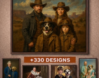 Custom Cowboy Family Portrait with Pets, Painterly Western Style (Digital File or Print)