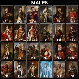 May include: A collection of 32 portrait prints of men in regal attire, labeled P1 through P32. The portraits depict figures in various historical costumes, including military uniforms and royal garments, with the word "MALES" at the top.