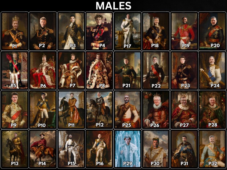 May include: A collection of 32 portrait prints of men in regal attire, labeled P1 through P32. The portraits depict figures in various historical costumes, including military uniforms and royal garments, with the word "MALES" at the top.
