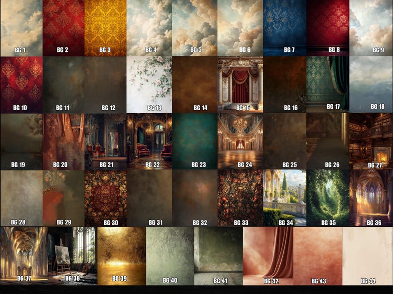 K&ouml;nnte beinhalten: Eine Sammlung von 43 digitalen Hintergr&uuml;nden f&uuml;r die Fotografie. Die Hintergr&uuml;nde bieten eine Vielzahl von Stilen, darunter Vintage, rustikal und Fantasy. Die Hintergr&uuml;nde sind perfekt, um Ihren Fotos einen Hauch von Kreativit&auml;t zu verleihen.