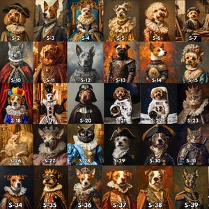 K&ouml;nnte beinhalten: Eine Collage aus 40 Bildern, die verschiedene Haustiere in aufwendigen Kost&uuml;men und Umgebungen zeigen. Die Haustiere sind haupts&auml;chlich Hunde und Katzen, mit einigen Kaninchen und anderen Tieren. Die Kost&uuml;me reichen von historischem K&ouml;nigtum bis hin zu Popkultur-Charakteren. Die Bilder sind in einem Raster angeordnet, wobei jedes Bild mit einer Nummer gekennzeichnet ist.