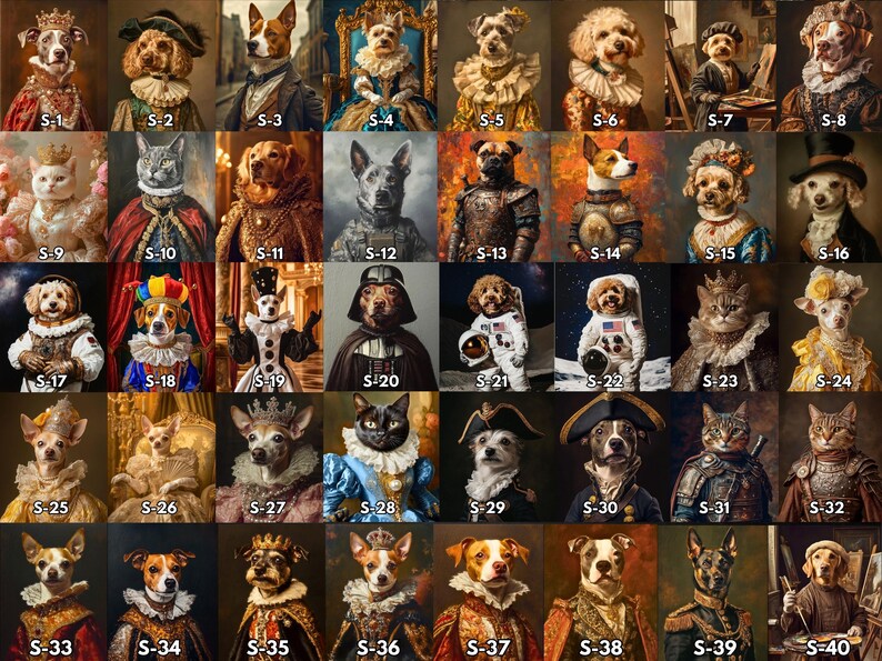 K&ouml;nnte beinhalten: Eine Collage aus 40 Bildern, die verschiedene Haustiere in aufwendigen Kost&uuml;men und Umgebungen zeigen. Die Haustiere sind haupts&auml;chlich Hunde und Katzen, mit einigen Kaninchen und anderen Tieren. Die Kost&uuml;me reichen von historischem K&ouml;nigtum bis hin zu Popkultur-Charakteren. Die Bilder sind in einem Raster angeordnet, wobei jedes Bild mit einer Nummer gekennzeichnet ist.