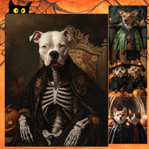 May include: A white dog dressed as a skeleton in a black and gold robe sits on a throne with a pumpkin in the foreground. The dog has a serious expression and is looking directly at the viewer.