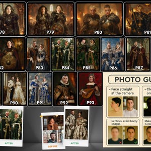 May include: A collection of portrait paintings in ornate frames, featuring individuals in historical attire. The images showcase various styles, including medieval armor, Renaissance gowns, and royal garments. A photo guide with instructions is also included.