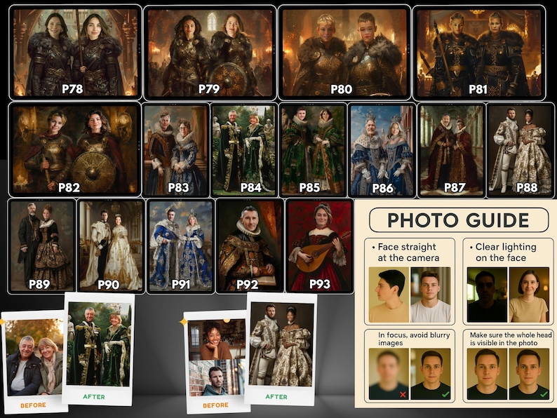 May include: A collection of portrait paintings in ornate frames, featuring individuals in historical attire. The images showcase various styles, including medieval armor, Renaissance gowns, and royal garments. A photo guide with instructions is also included.