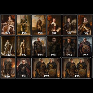 May include: A collection of 22 portrait prints, each framed and numbered. The portraits depict figures in historical attire, with a variety of poses and backgrounds. The color palette is dominated by warm tones, with details in gold and other metallic hues.