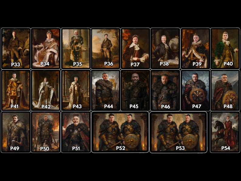 May include: A collection of 22 portrait prints, each framed and numbered. The portraits depict figures in historical attire, with a variety of poses and backgrounds. The color palette is dominated by warm tones, with details in gold and other metallic hues.