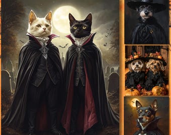 Custom Vampire Pet Portrait for Two Pets, Personalized Halloween Pet Art, Canvas or Framed Poster, Unique Pet Gift for Halloween Lovers