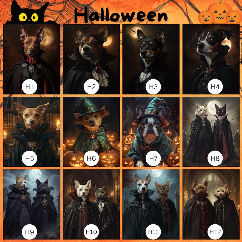 Anpassat Halloween-husdjursporträtt, häxtema-husdjurskonst, digitalt porträtt, canvas- eller inramad poster, Halloweendekor, present till husdjursälskare bild 2