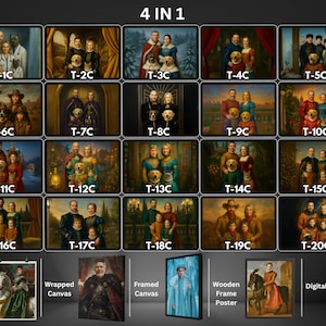 May include: A digital art print featuring a collection of 20 family portraits in a classic style, each with a unique composition and color palette. The image also showcases options for matte paper prints, wrapped canvas, framed canvas, and wooden frame posters.