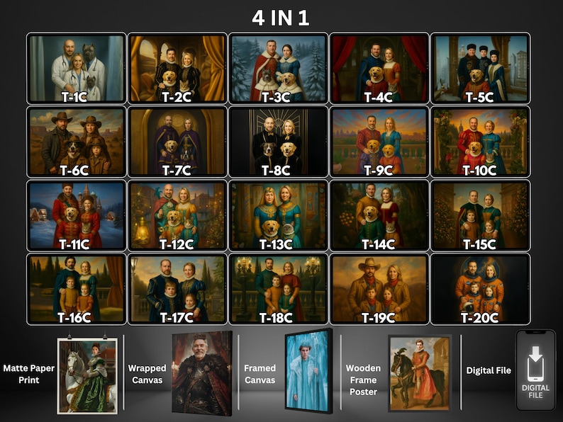 May include: A digital art print featuring a collection of 20 family portraits in a classic style, each with a unique composition and color palette. The image also showcases options for matte paper prints, wrapped canvas, framed canvas, and wooden frame posters.