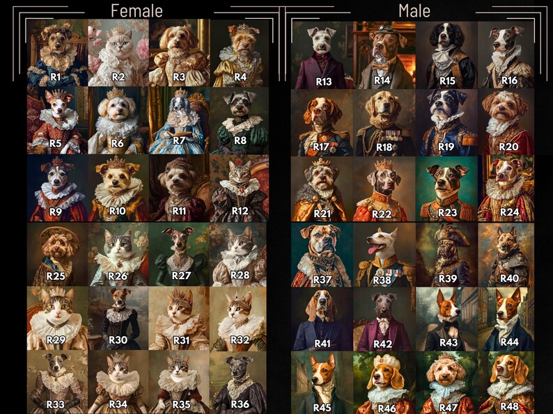 K&ouml;nnte beinhalten: Eine Collage aus 48 Bildern von Hunden und Katzen, die in k&ouml;niglicher Kleidung gekleidet sind. Die Bilder sind in einem Raster mit 8 Spalten und 6 Reihen angeordnet. Jedes Bild ist mit einem Buchstaben und einer Zahl gekennzeichnet, z. B. "R1" oder "R48".