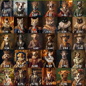 K&ouml;nnte beinhalten: Eine Collage aus 80 Bildern, die verschiedene Tiere in aufwendigen Kost&uuml;men und Umgebungen zeigen. Jedes Bild ist mit einer Nummer gekennzeichnet, beginnend mit S-41 und endend mit S-80.