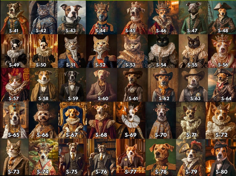 K&ouml;nnte beinhalten: Eine Collage aus 80 Bildern, die verschiedene Tiere in aufwendigen Kost&uuml;men und Umgebungen zeigen. Jedes Bild ist mit einer Nummer gekennzeichnet, beginnend mit S-41 und endend mit S-80.