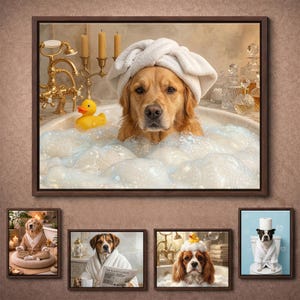 May include: A framed print featuring a Golden Retriever in a bubble bath, wearing a white towel on its head. A yellow rubber duck floats nearby. The bathroom setting includes candles, a gold faucet, and decorative bottles.