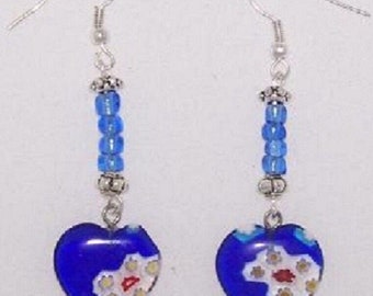 Earrings Heart Shaped Blue Glass Bead White Red Flowers Blue Silver Bead 2" Long