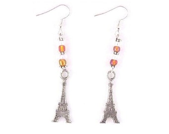 Earrings Eiffel Tower Charms Brown White Beads Sterling Hooks 2" Long