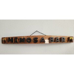 Wood Sign Wine Stave says &quot; Mimosa Bar &quot; Wine Glasses on ends Cut from Stave