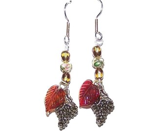 Earrings Gold tone Grape Cluster Charm Gold Green Purple Bead Sterling Wire 1.5"