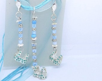 Necklace Earring Blue Bra Top 1/2 " Charm Silver Blue Bead Blue Ribbon Cord