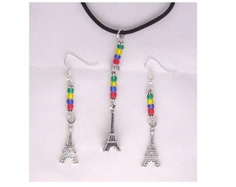 Necklace Earrings Eiffel Tower Charms Red Green Yellow Blue Beads Black Cord